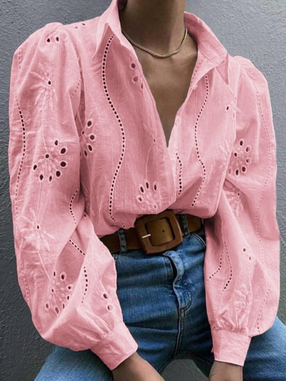 Pink Boho Women's Embroidered Hollow Out Embroidery Blouse